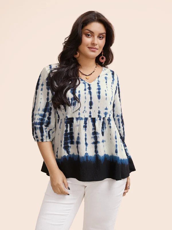 Tie Dye V Neck Gathered Blouse