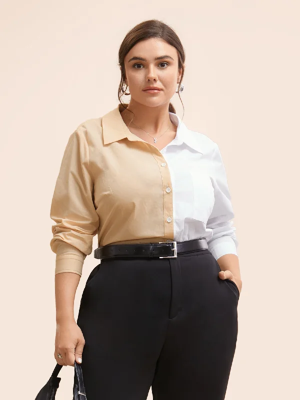 Two Tone Shirt Collar Patched Pocket Blouse