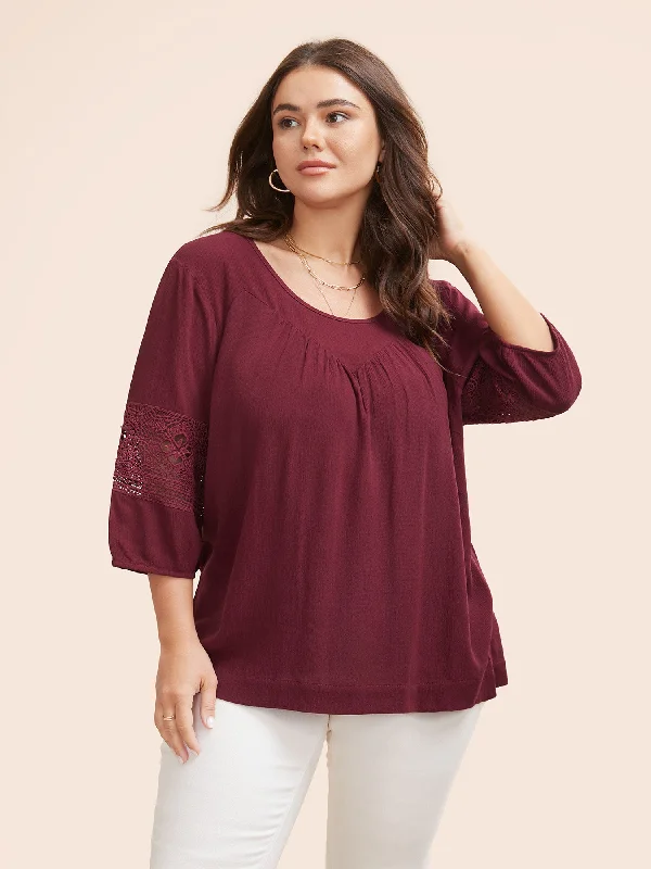 U Neck Cut Out Lantern Sleeve Blouse