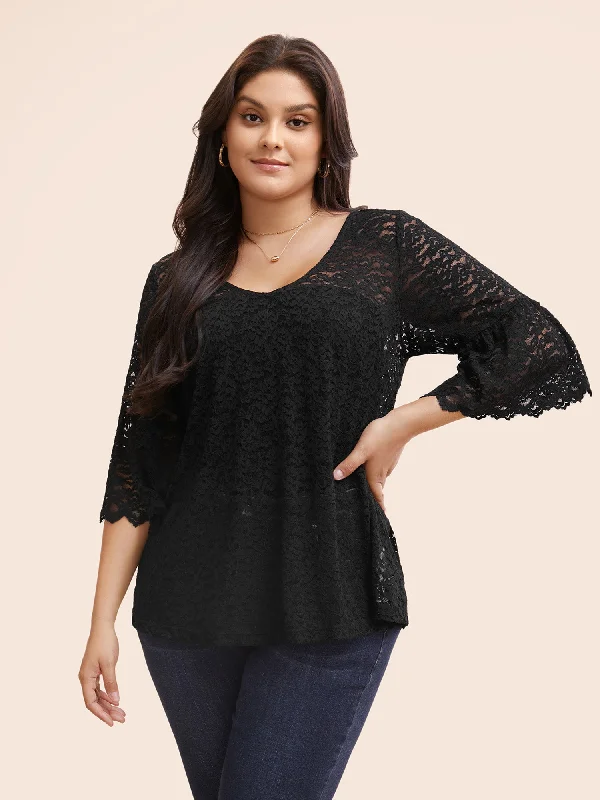 Stretch Lace Mesh Ruffle Trim Blouse