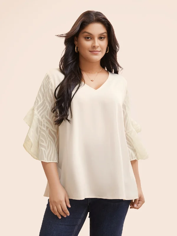 V Neck Mesh Patchwork Flutter Sleeve Blouse