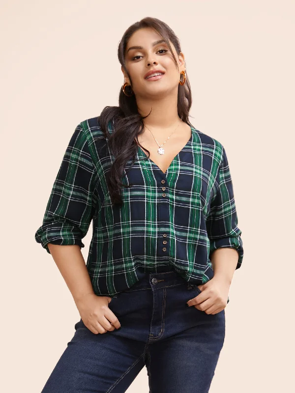 V Neck Plaid Button Detail Blouse