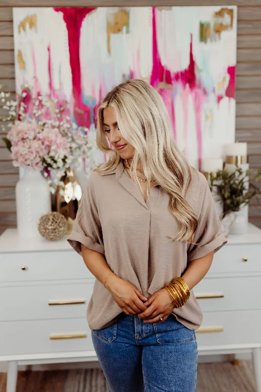 Tan Collared Short Sleeve Oversized Blouse