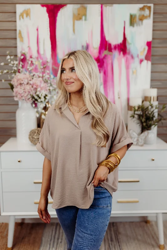 Tan Collared Short Sleeve Oversized Blouse