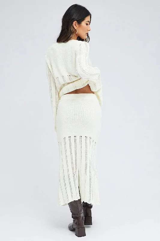 White Midi Skirt High Waisted A-line Ladder Knit