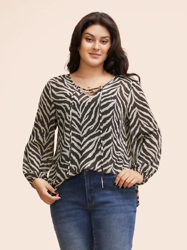 Zebra Print Lace Up Split Hem Blouse