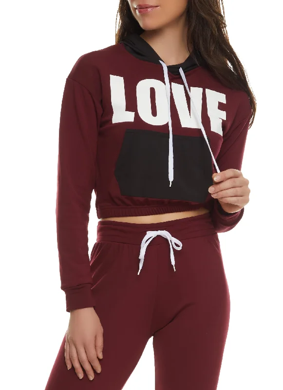 Love Color Blocked Kangaroo Pocket Cropped Hoodie