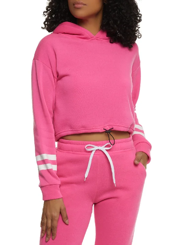 Toggle Drawstring Stripe Detail Fleece Pullover Hoodie