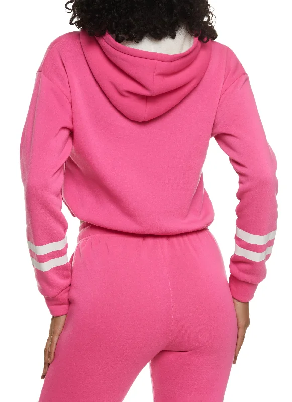 Toggle Drawstring Stripe Detail Fleece Pullover Hoodie