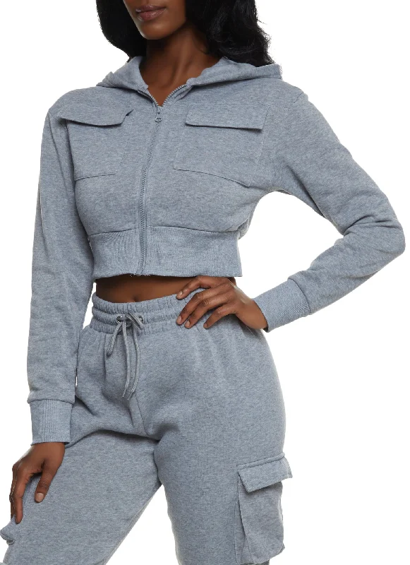 Cargo Pocket Zip Front Cropped Hoodie