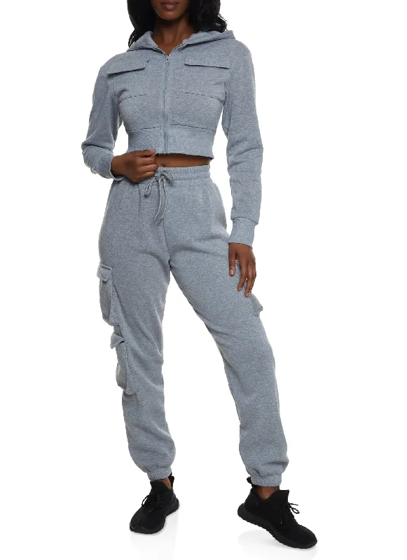 Cargo Pocket Zip Front Cropped Hoodie