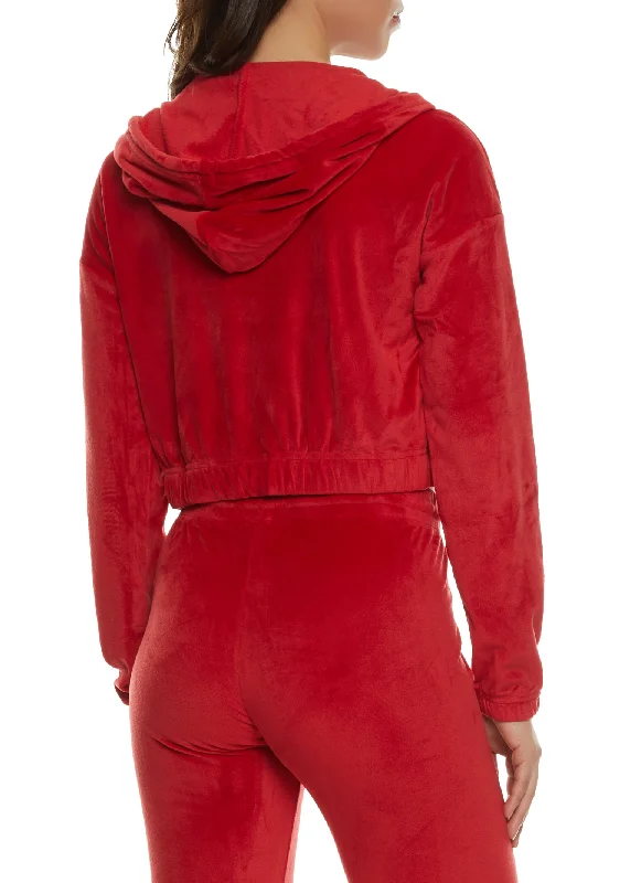 Velour Cargo Pocket Zip Front Cropped Hoodie