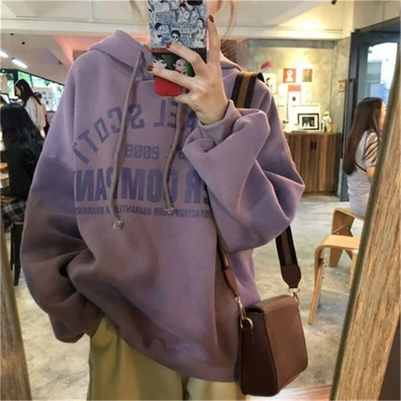 Letter Printed Autumn Winter Warm Korean Loose Hooded Hoodie