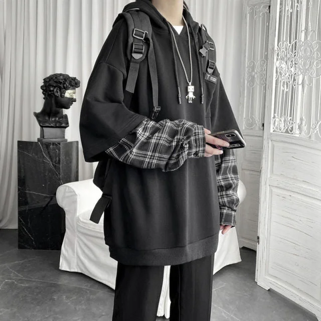 Vintage Oversized Punk Korean Grunge Plaid Splice Hoodie