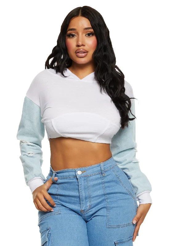 Denim Sleeve Cropped Hoodie