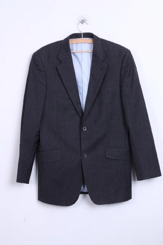 T.M.Lewin Mens 38R M Jacket Blazer Merino Wool Dark Grey Striped