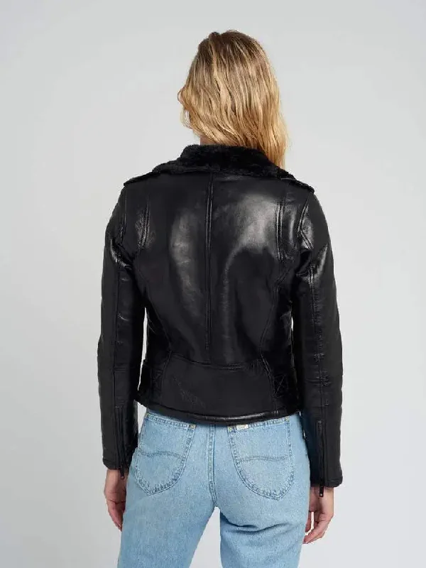 Women Ave Black Fur Biker Leather Jacket