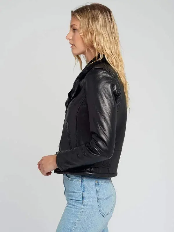 Women Ave Black Fur Biker Leather Jacket