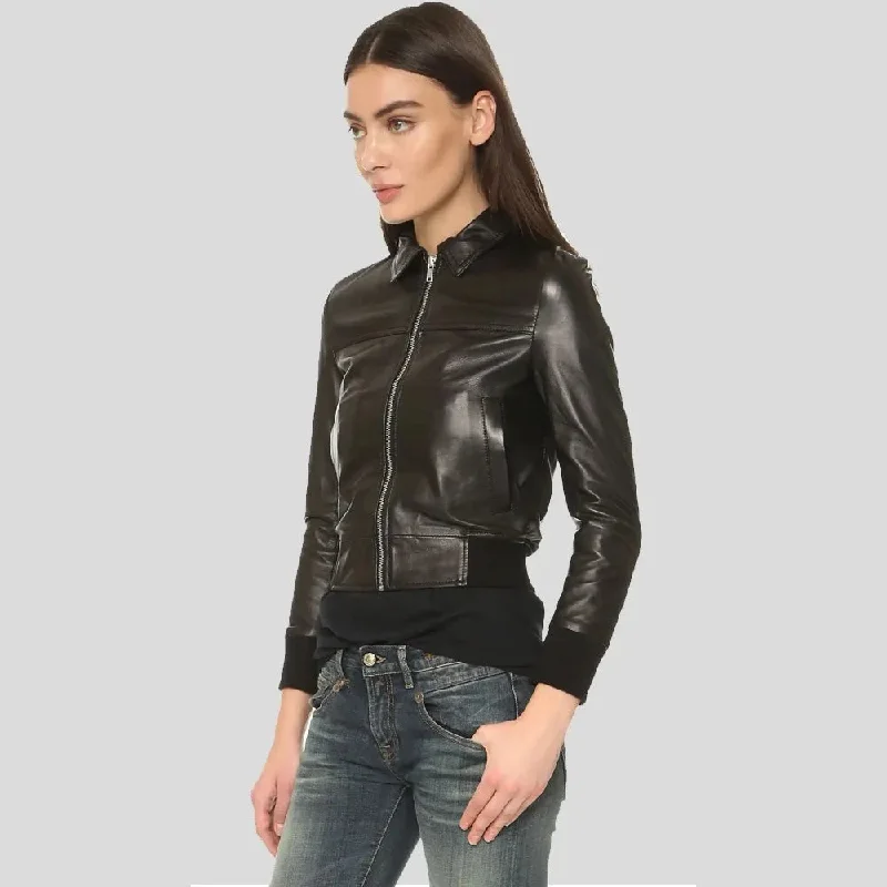 Women Black Bomber Leather Jacket