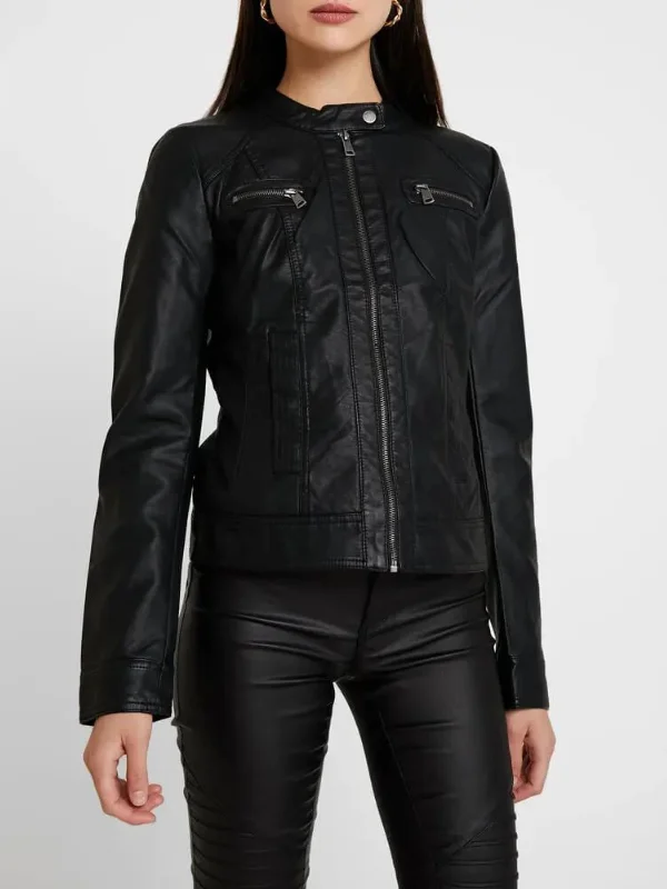 Women Black Cafe Racer Leather Jacket