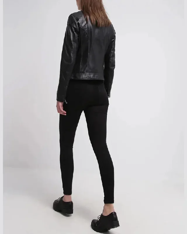 Womens Black Leather Cafe Racer Jacket