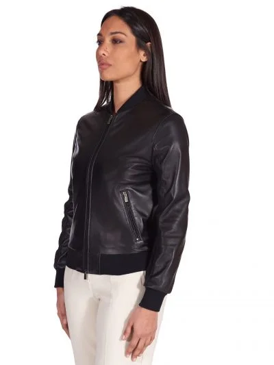 Women Black Slim Fit Bomber Leather Jacket