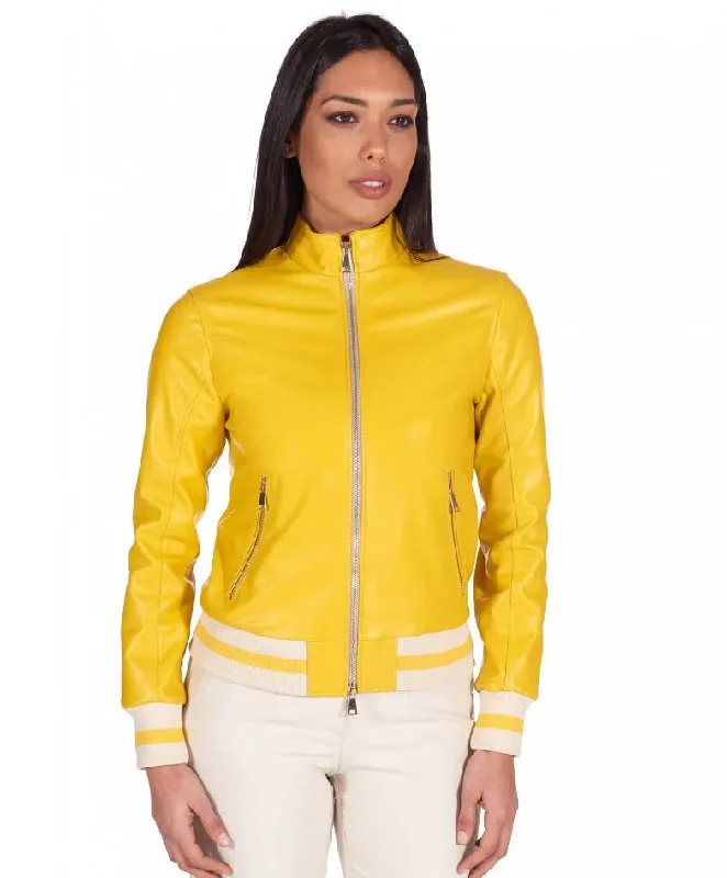 Women Bright Yellow Bomber Leather Jacket