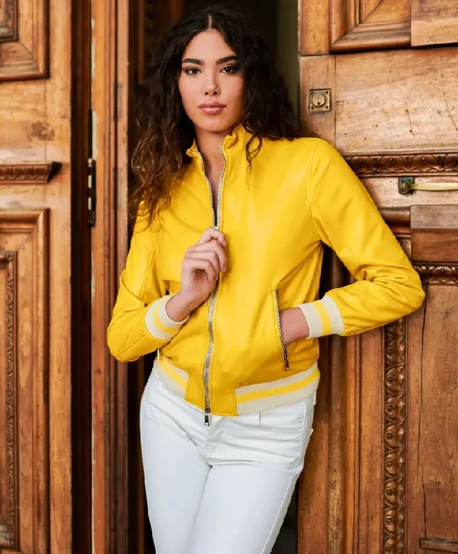 Women Bright Yellow Bomber Leather Jacket