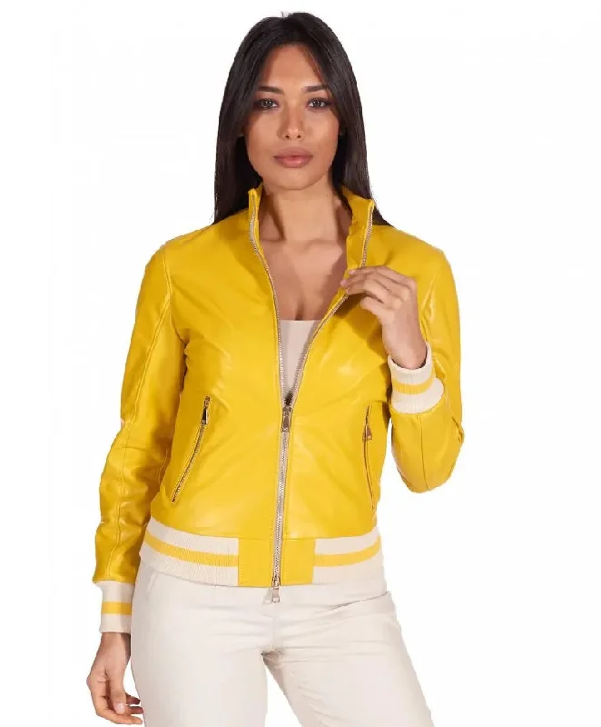 Women Bright Yellow Bomber Leather Jacket