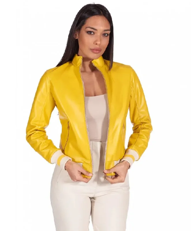 Women Bright Yellow Bomber Leather Jacket