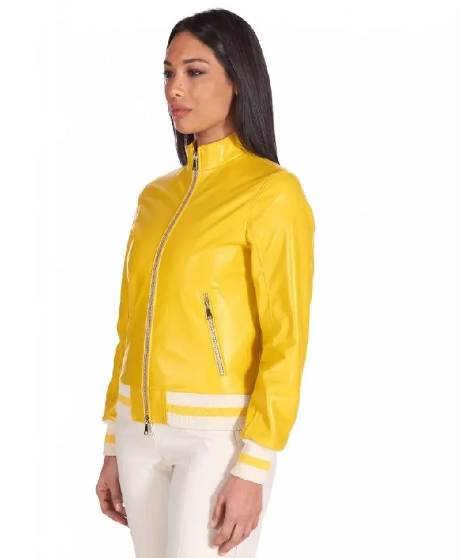 Women Bright Yellow Bomber Leather Jacket