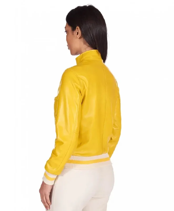 Women Bright Yellow Bomber Leather Jacket