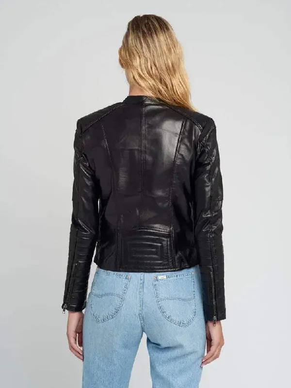 Women Vintage Cafe Racer Black Leather Jacket