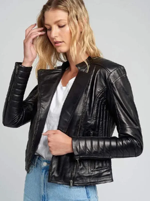 Women Vintage Cafe Racer Black Leather Jacket