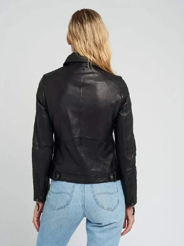 Women Vintage Lapel Collar Black Leather Jacket