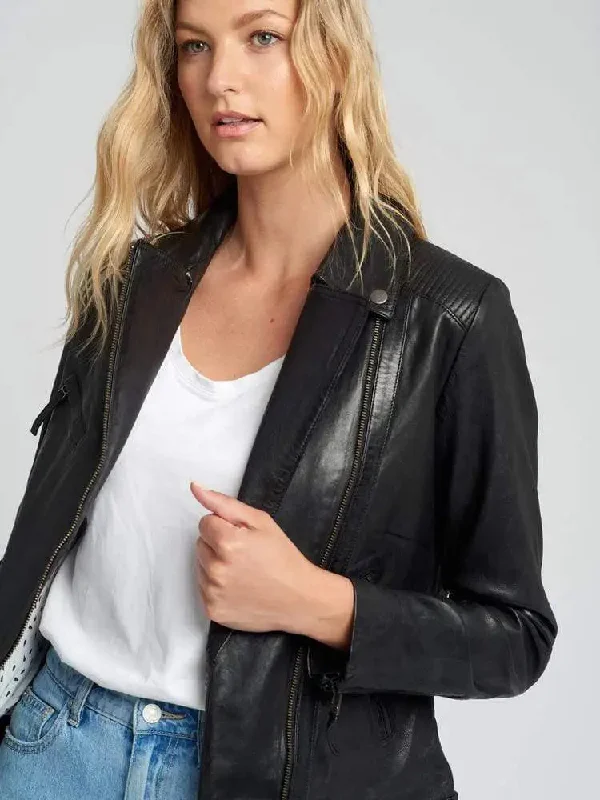 Women Vintage Lapel Collar Black Leather Jacket