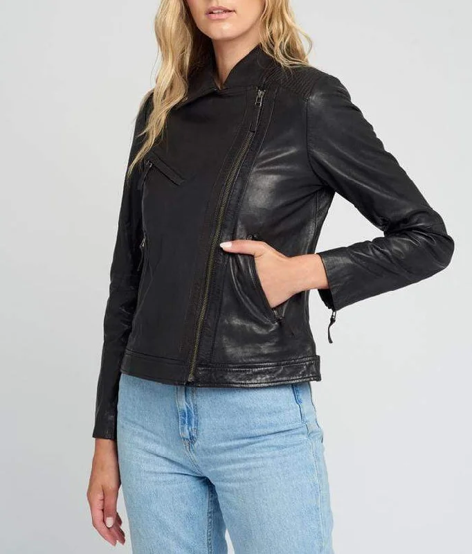 Women Vintage Lapel Collar Black Leather Jacket