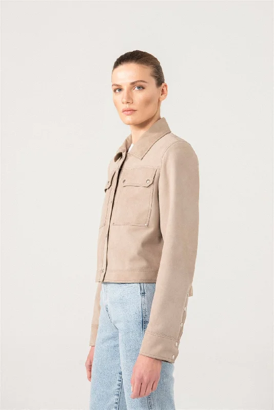 Womens Beige Denim Style Suede Leather Jacket