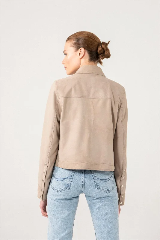 Womens Beige Denim Style Suede Leather Jacket