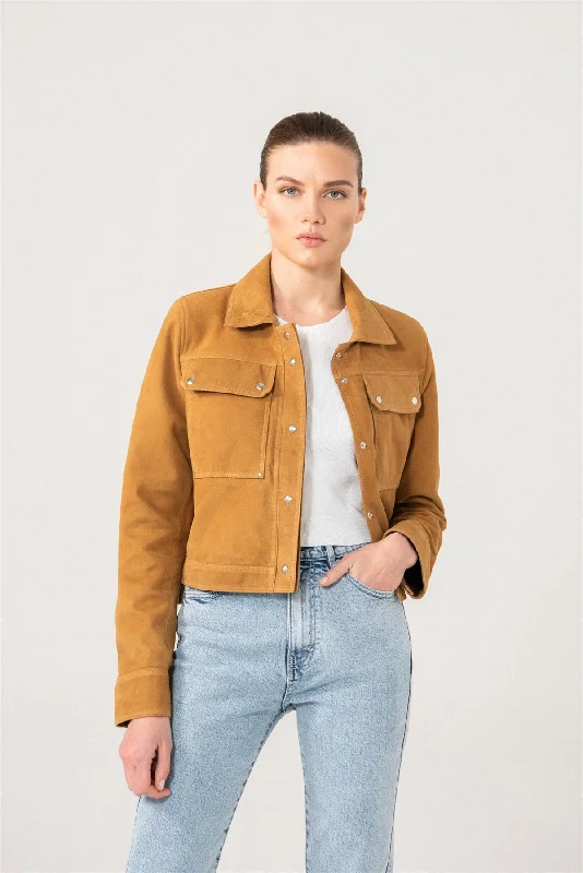 Womens Camel Suede Leather Jacket - Boneshia