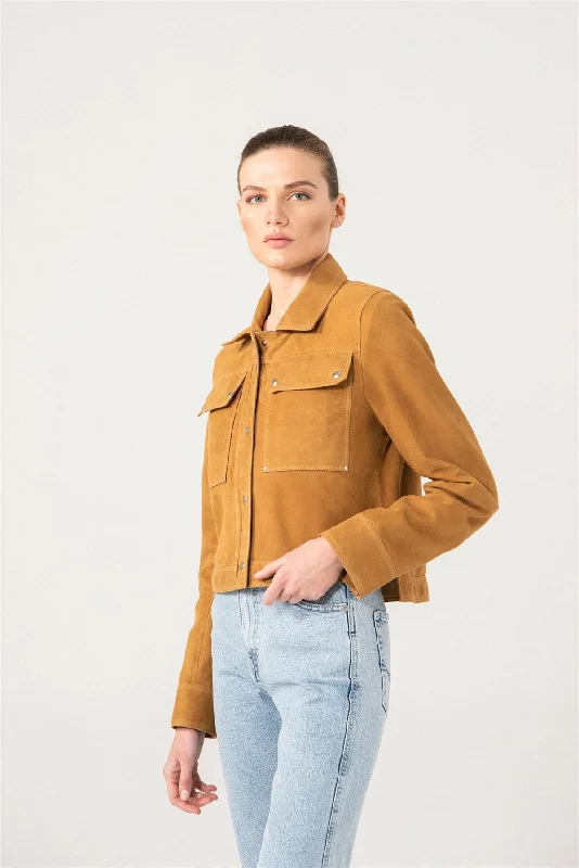 Womens Camel Suede Leather Jacket - Boneshia