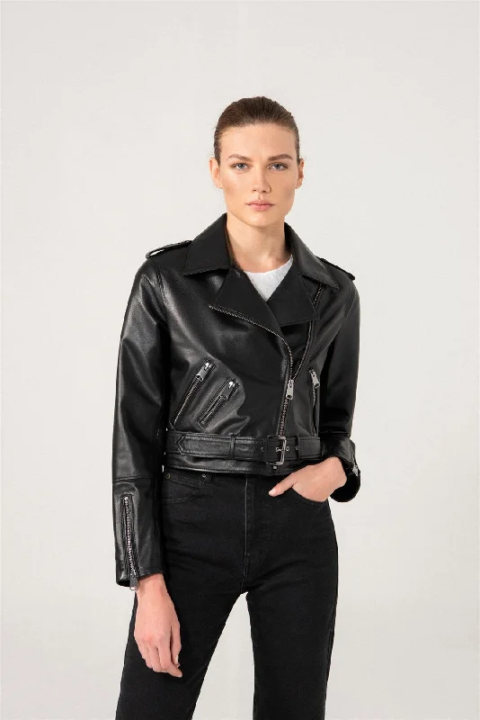 Womens Casual Black Biker Leather Jacket