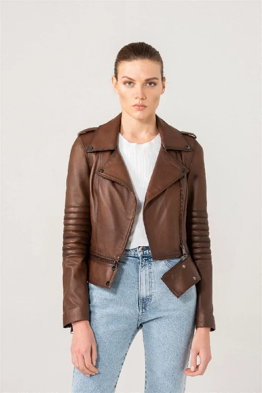 Womens Fitted Brown Biker Leather Jacket