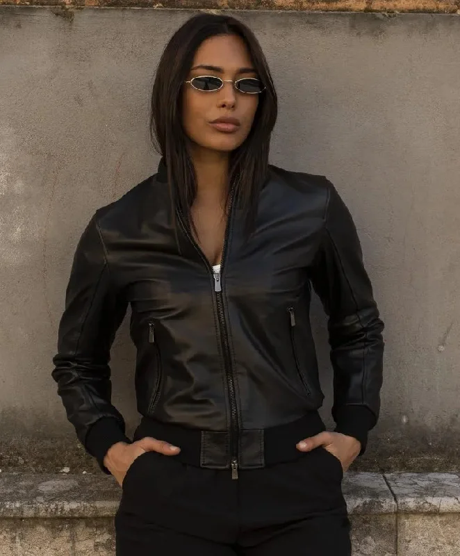 Womens Mate Black Bomber Leather Jacket