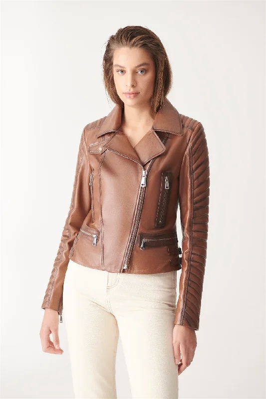 Womens Padded Brown Biker Leather Jacket