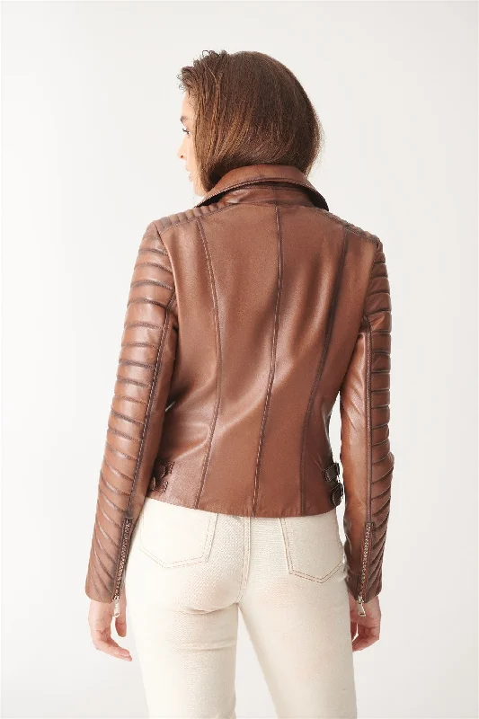 Womens Padded Brown Biker Leather Jacket