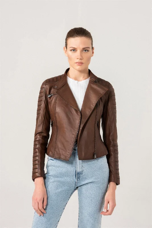 Womens Quilted Brown Biker Leather Jacket