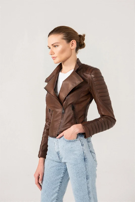 Womens Quilted Brown Biker Leather Jacket