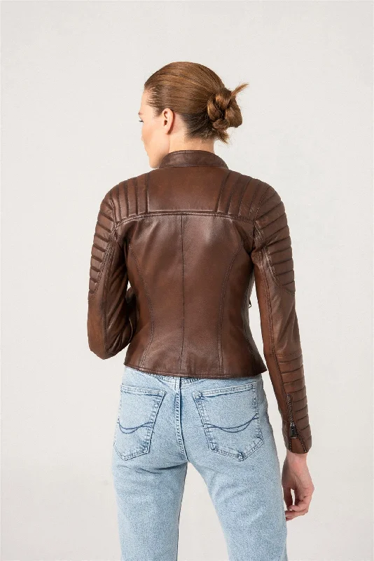 Womens Quilted Brown Biker Leather Jacket