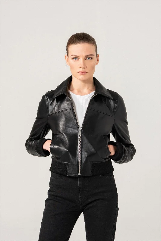 Womens Shiny Black Biker Leather Jacket